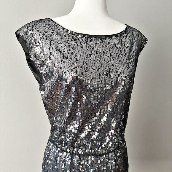 Elie Tahari Silver Sequin Black Mesh Mini Blouson Dress women's size small - Picture 12 of 14